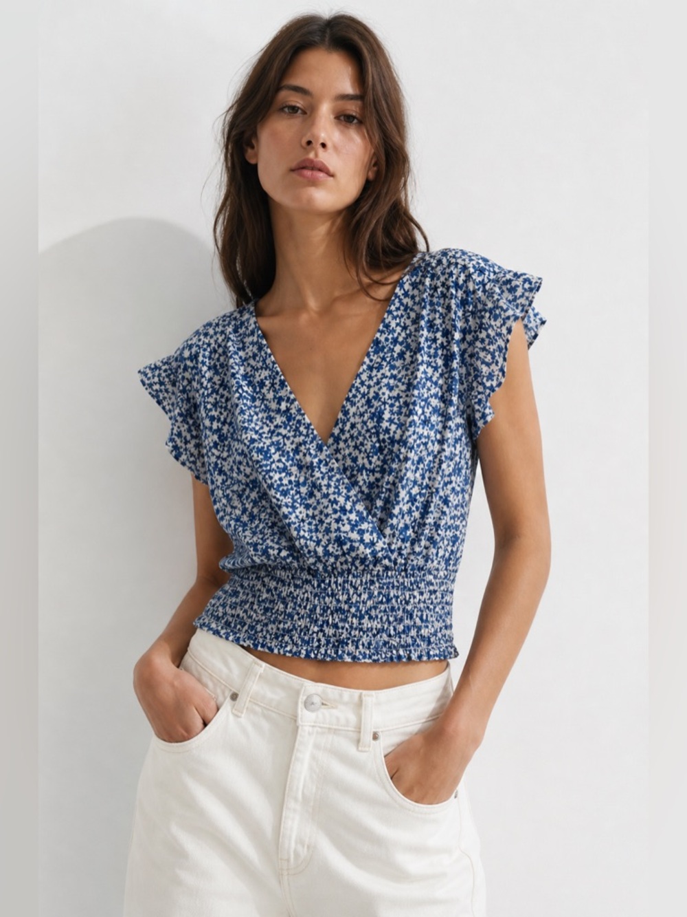 Monteau Blue and White Floral Smocked Wrap Top